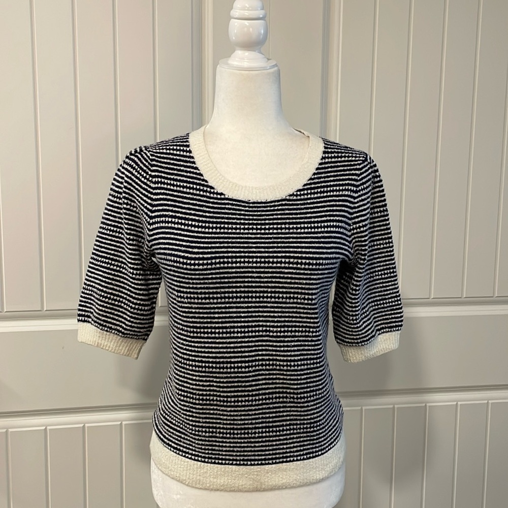 LILLA P Navy Striped Cotton Blend Short Sleeve Sweater Top